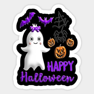 Pumpkin baby girl ghost Kawaii bat spider Happy Halloween violet orange black dots ribbon 3D tridimensional 317 Sticker